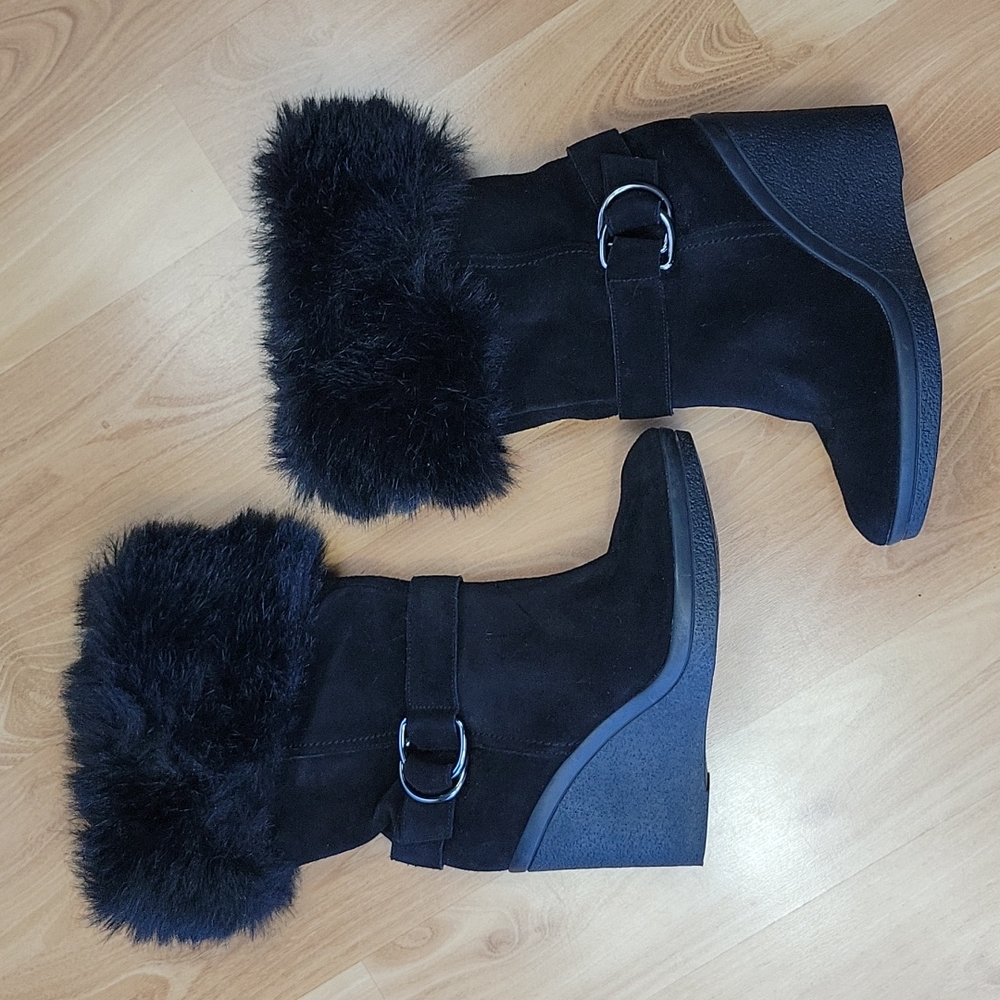 Marc Fisher Leather Wedge Boots with Faux Fur Trim